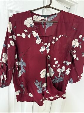 West Kei Burgundy Floral V-Neck Blouse